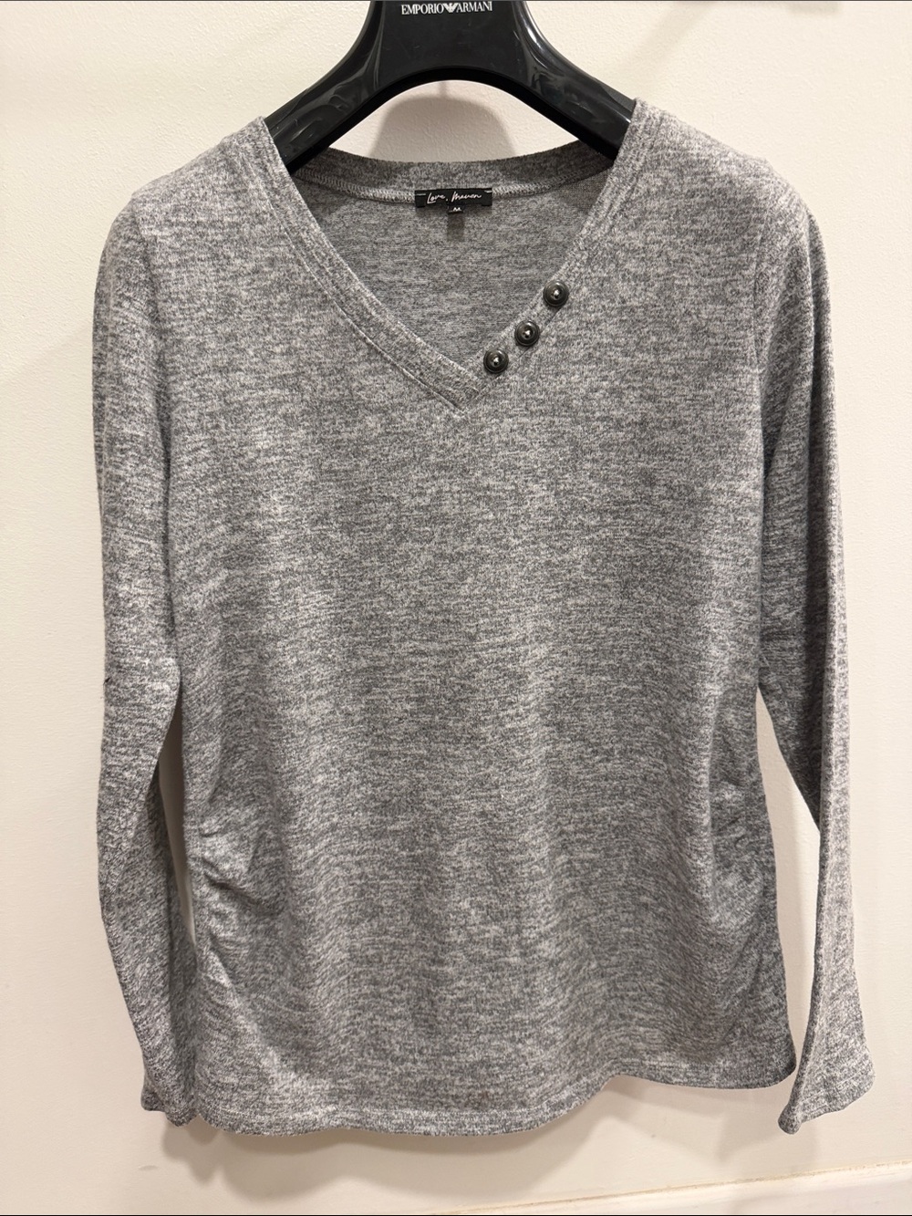 Gray V-Neck Long Sleeve Top with Button Detail by Love Maven